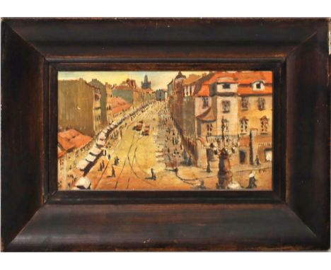Monogrammist E. K. (1. Hälfte 20. Jh.) Belebte Straßenecke. Öl/Holz, re. u. monog. E.K. Ca. 12,3x 21,5 cm. R.