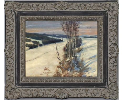 Molitor (1. Drittel 20. Jh.) Schneebedeckte Landschaft. Öl/Platte, li. u. Ritzsign. Ca. 24x 30 cm. R.