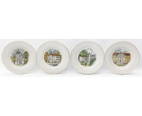 9 Wandteller, KPM Berlin, "Kurland". Im Spiegel polychrome Berlin-Ansichten. Goldränder. Szeptermarke mit schwarzem Reichsapf
