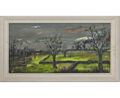 Lehmann, Dirk (Berliner Maler, 20. Jh.) Herbstlandschaft, im Hintergrund rauchende Schlote. Öl/Holz, li. u. monog. und dat. (