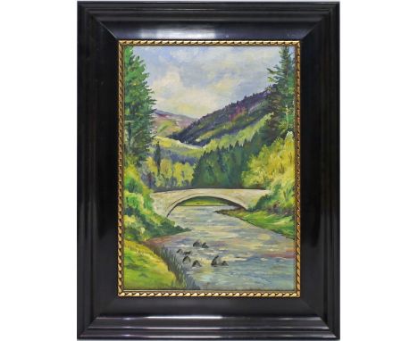 Unbekannter Maler (1. Hälfte 20. Jh.) Sommerliche Mittelgebirgslandschaft mit Brücke über einen Fluss. Öl/Lwd, 56x 40,5 cm. R