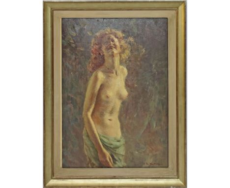 Unbekannter Maler (1. Hälfte 20. Jh.) Weiblicher Halbakt. Öl/Platte, re. u. unleserlich sign. "ED. K...?". Ca. 70x 50 cm. R.