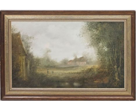 Unbekannter Maler (20. Jh.) Nebelverhangene Landschaft mit 2 Feldarbeiterinnen und Gehöft. Öl/Lwd. 24x 41 cm. R.