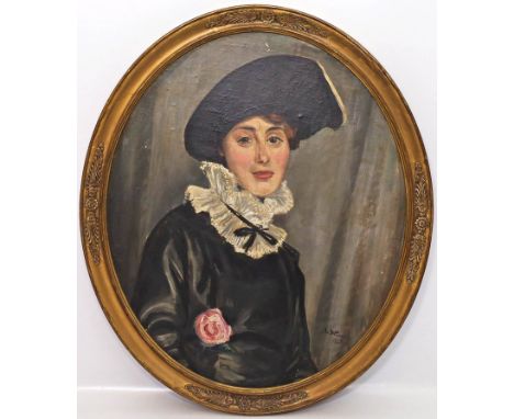 Wurm, H. (um 1926) Halbportrait einer jungen Frau in schwarzem Kleid mit weißem Spitzenkragen. Öl/Karton (kl. Fehlstellen), r