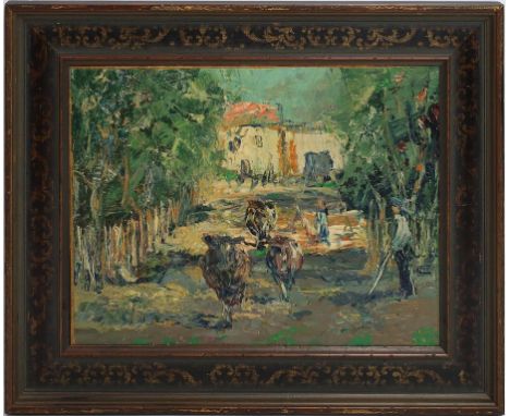 Unbekannter Maler (Mitte 20. Jh.) Bauern mit Kühen auf Allee. Öl/Karton (doubliert). Ca. 31x 41 cm. R.