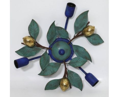 Vintage-Wand-/-Deckenleuchte, 3-flammig. Farbig patiniertes Bronzegestell mit plastischen Zitronen und Zweigen. Prägemarke CS