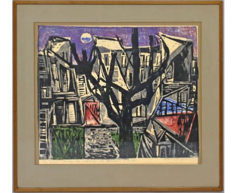 Unbekannter Maler (um 1958) "hinter der avenue du maine", so betitelt. Farbholzschnitt (gebräunt), re. u. mit Bleistift sign.
