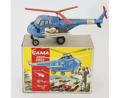 Hubschrauber, GAMA. Blech und Kunststoff mit Bahre und 1 Figur. Friktionsantrieb. Art./Nr. 2001/2002. Bespielt. Im Originalka