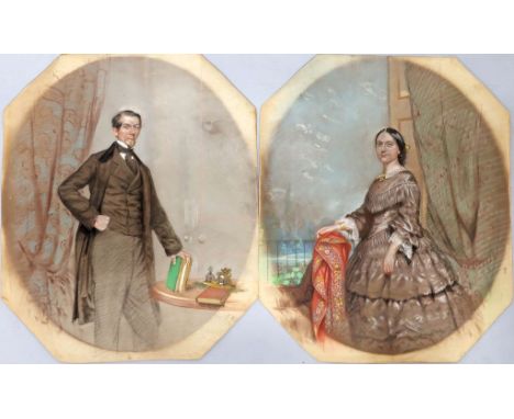 Pendants: Dame und Herr. Pastell (Gebrauchsspuren, teils l. verwischt), je sign. R.W. Salter und dat. 57. Ca. 69x 41,5 cm. Oh