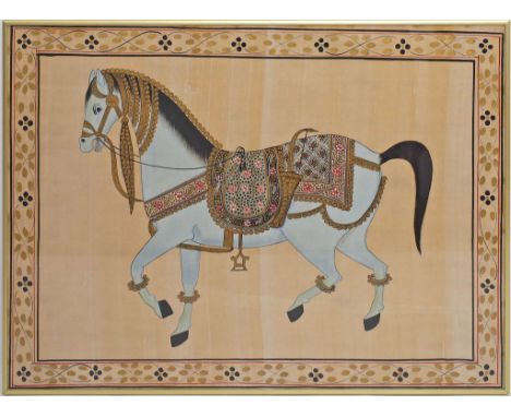 Unbekannter Maler (Indien, 20. Jh.) Geschmücktes Pferd im Moghul-Stil. Gouache in feiner Ausführung. 50x 70 cm. R.