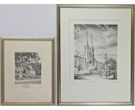 Koeppel, Mathias (geb.1937 in Hamburg) "St. Bonifatiuskirche", so bez. Radierung, re. u. sign. li. u. "E.A.". Ca. 27x 22 cm. 
