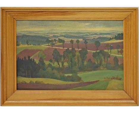Unbekannter Maler (20. Jh.) Weite Landschaft, wohl bei Villach - Österreich. Öl/Platte (l. Altersspuren). Ca. 34x 48 cm. R.