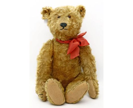 Großer Steiff-Teddy. Goldblonder Mohair, teils abgeliebt. Drehkopf mit abgerundeter Schnauze, gestickter Nase und braunen Gla
