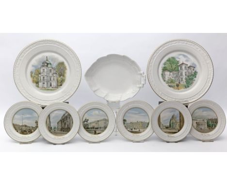 Schale, Paar und 6 Teller, KPM Berlin, "Kurland". Porzellan. Teller mit Berlin-Ansichten und Goldrand. Szeptermarke mit schwa