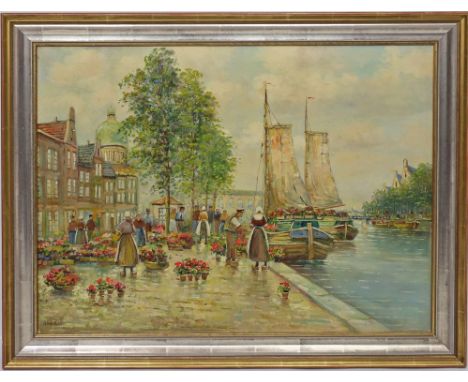 Unbekannter Maler (20. Jh.) Holländischer Blumenmarkt. Öl/Lwd., li. u. unleserlich sign. Ca. 60x 80 cm. R.