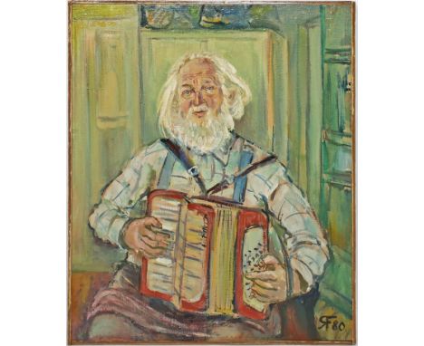 Franke, R. (Berliner Maler, 2. Hälfte 20. Jh.) Portrait "Spitze Karle" mit Akkordeon. Öl/Lwd./Hartfaser, re. u. monog. und da