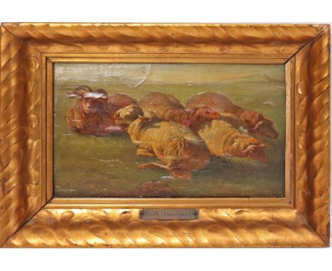 Ommeganck, Balthasar Paul (1755 Antwerpen 1826), att. Auf einer Wiese liegende Schafherde. Öl/Papier, auf Holztafel aufgezoge