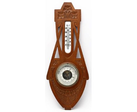 Jugendstil-Barometer mit Thermometer. Eiche, geschnitzt mit Blumenranken. Hersteller A. Silo, Hof-Optiker, Flensburg, um 1900
