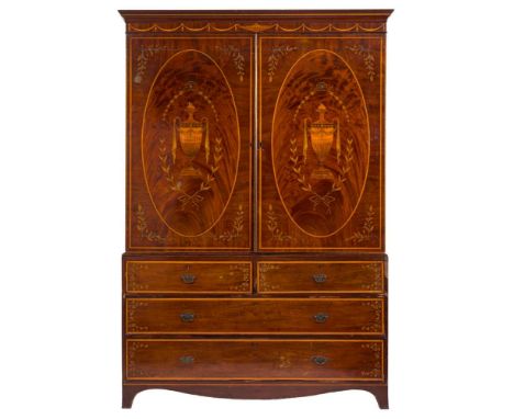 A 19th Century mahogany and marquetry linen press:, banded in satinwood bordered with ebonised lines, the upper part with a m