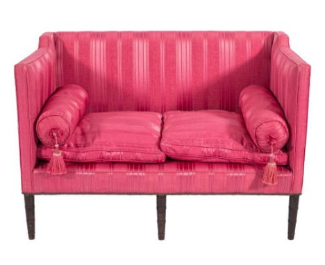 A 19th Century ebonised beech frame rectangular twin seat settee:, fully upholstered in crimson damask silk fabric, having lo