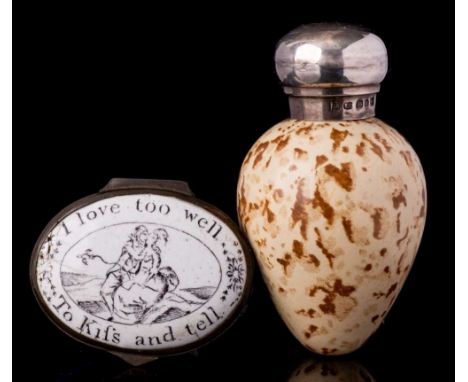 A Victorian silver mounted ceramic 'bird's egg' scent bottle and an enamel patch box: the first with screw cover assayed for 