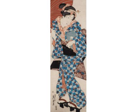 Keisai EisenA Japanese woodblock print, Young woman walking under an umbrella: 71 x 23cm.