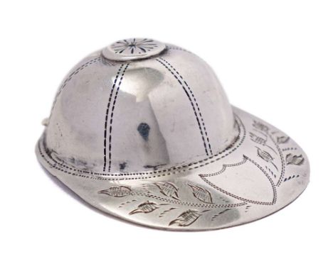 An Elizabeth II silver novelty caddy spoon, marked London Assay Office, London, 2020: in the form of a jockey's cap, 5.5cm. l