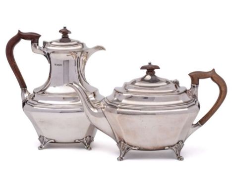 A George V silver four-piece tea service, maker James Deakin &amp; Sons, Sheffield, 1928/29: of barge-shaped tapering outline