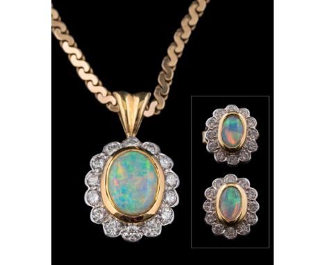 An 18ct gold, opal and diamond cluster pendant on 9ct gold chain and a pair of matching 18ct gold oval cluster earrings: appr