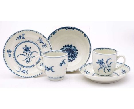 A pair of First Period Worcester blue and white coffee cups and saucers and a similar bowl: the cups and saucers painted with