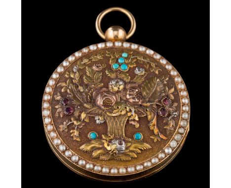 A mid 19th Century circular pocket watch case converted to a locket: the glazed cover panel with a portrait photograph of a b