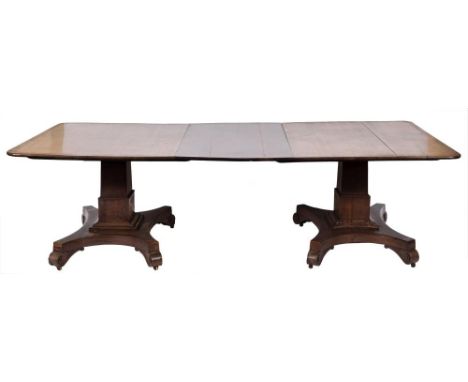 A William IV calamander wood twin pillar dining table:, the top with rounded corners, on square section stepped pillars, quat