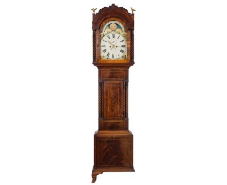 A mahogany moonphase longcase clock: the eight-day duration movement striking the hours on a bell, the thirteen-inch break-ar