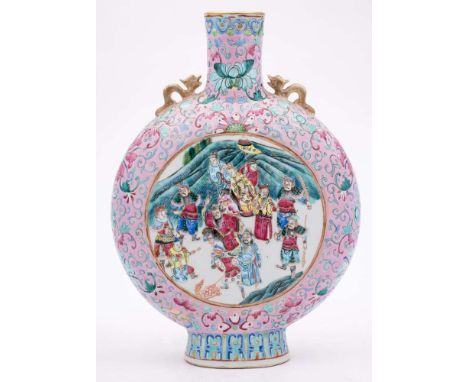 A Chinese Perenakan famille rose moon flask: decorated on one side with figures in a landscape and verso with a pair of pheas