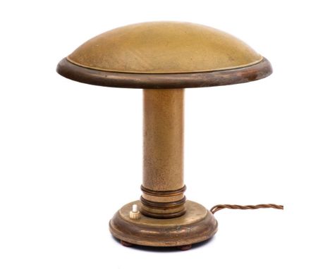 An Art Deco 'Elcotra' copper table lamp by Georges Halais:, the mottled green domed shade over a plain column with triple cop