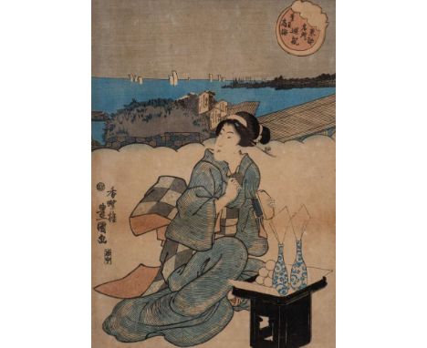 KunisadaA Japanese woodblock print, A Bijin Preparing a Picnic: 33 x 24cm.