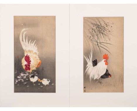 Tsukioka KogyoA Japanese woodblock print, A White Rooster with Black Hen: 33 x 17cm. together with another woodblock print of