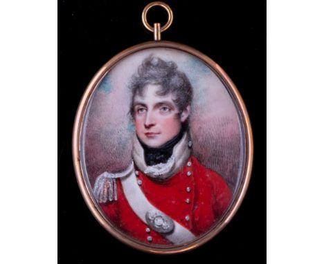 English School, Circa 1810-A miniature portrait of a young officer,:- head and shoulders with dark wavy hair, wearing a red t