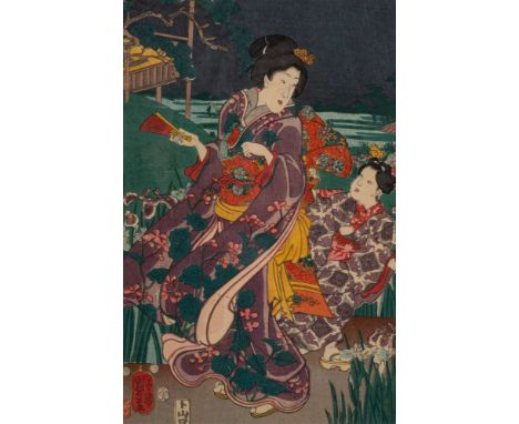 KuniyoshiA Japanese woodblock print, Mother and Child Viewing Irises at Night: 33 x 21cm.