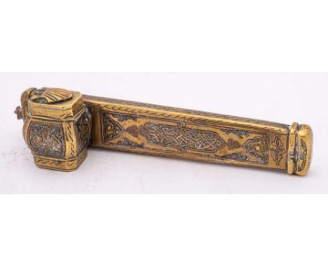 An Islamic silver and copper inlaid brass scribe's case [Qalamdan]: with integral inkwell, inlaid with panels of interlocking