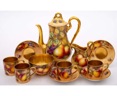 A Royal Worcester fruit painted coffee service: comprising a coffee pot and cover, cream jug, sugar bowl, six cans and six sa