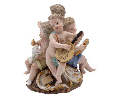 A Meissen porcelain group: allegorical of the Arts modelled with four scantily clad putti playing the lute, sculpting, painti