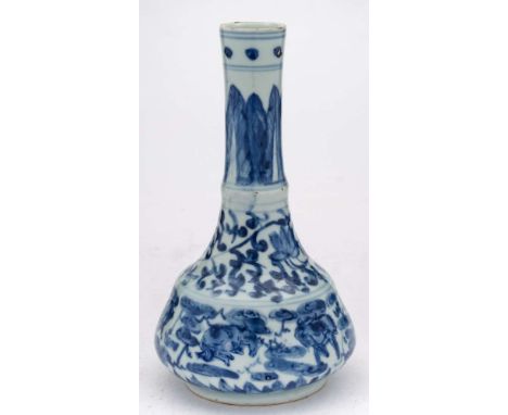 A Chinese porcelain vase: of mallet shaped form painted in blue with five horses in a landscape below a peony scroll band and