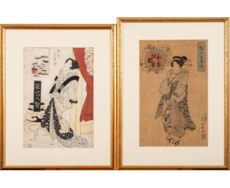 ToyoshigeA Japanese woodblock print, Courtesan in traditional costume: 36 x 23cm, together with another woodblock print by Ei