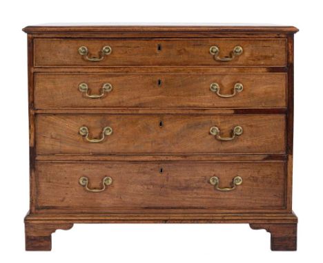 A George III mahogany rectangular chest:, the top with a moulded edge, containing four long graduated drawers, on bracket fee