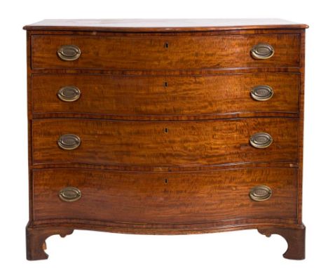 A George III mahogany serpentine-fronted chest:, the top with a moulded edge, containing four long graduated drawers, on brac