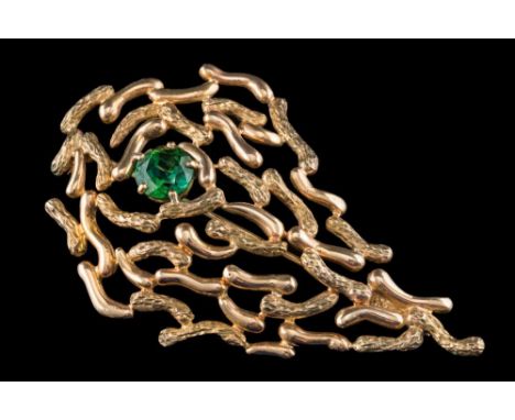 John Donald. A 9ct gold and green tourmaline pendant/brooch and ring: each of openwork free-form design with textured and hig