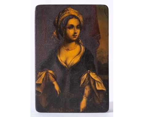 Stobwasser, a 19th Century papier mache snuff box: the hinged lid painted with a portrait of a young lady titled 'Loraide' No
