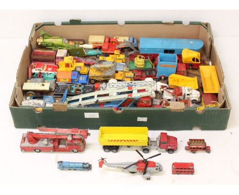 Diecast: A collection of assorted vintage, playworn diecast vehicles to include: Dinky, Corgi, Matchbox, Spot-on Ford Anglia 