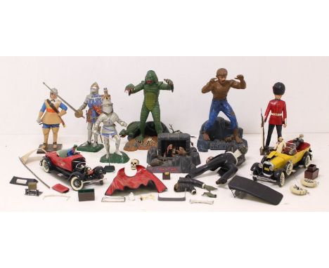 Figures: A collection of assorted plastic model figures to include: soldiers, The Creature, The Wolf Man and two diecast cars